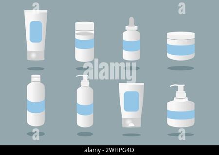 Impostare i contenitori di plastica vettoriale. Flaconi con spray, dispenser e contagocce, vaso crema, tubo. Modello di pacchetto cosmetico. Illustrazione Vettoriale