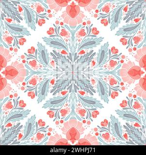 Motivo floreale Vector Festive senza cuciture. Texture decorativa di arte popolare con fiori geometrici, cuori e steli con fogliame in colori pastello per scialle Illustrazione Vettoriale