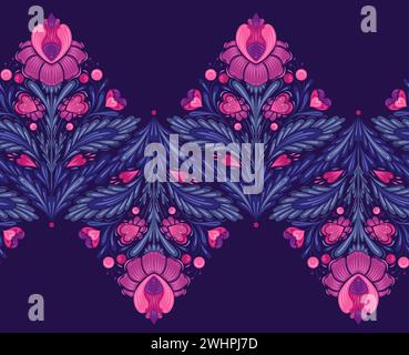 Bordo floreale Vector Festive senza cuciture. Fregio decorativo di arte popolare con fiori simmetrici, cuori e steli con fogliame su sfondo viola Illustrazione Vettoriale