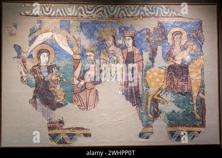 Pitture murali di Navasa, 12 ° secolo, affresco strappato e trasferito su tela, provengono dalla chiesa di Asuncion de Maria, Navasa, Museo Diocesano di Foto Stock