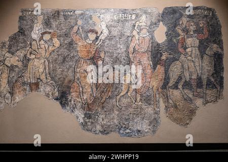 Sette peccati mortali, dipinti di Sieso muro, 16 ° secolo, affresco strappato e trasferito su tela, provengono dalla chiesa di San Miguel Arcangel a Sies Foto Stock