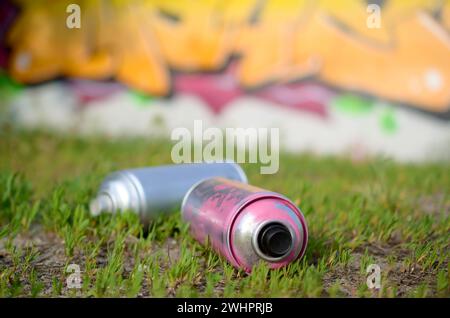 Molti spruzzatori usati con vernice e tappi per spruzzare vernice sotto pressione sull'erba vicino alla parete verniciata nei disegni colorati dei graffiti Foto Stock