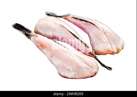 Separare le rane fresche senza testa e pelle. Isolato su sfondo bianco. Vista dall'alto Foto Stock