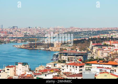 Parte europea di Istanbul, Turchia, Turkiye, panorama nelle giornate di sole. Case colorate con tetti rossi. Foto Stock