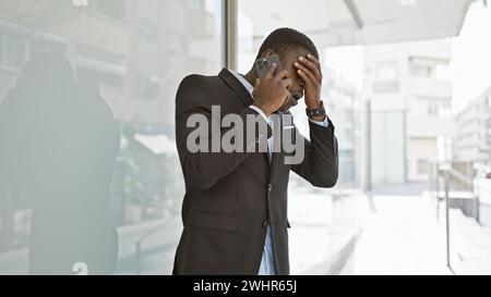 Uomo africano in tuta al telefono con un'espressione preoccupante per la strada della città. Foto Stock