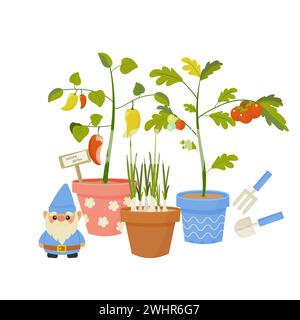 GNOME da giardino, impianto di piantagione primaverile in stile cartone animato per cartoncino, stampa, adesivo, vettore cartolina. Illustrazione Vettoriale