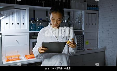 Una giovane scienziata asiatica che esamina i dati su una clipboard mentre tiene i farmaci in un ambiente di laboratorio Foto Stock