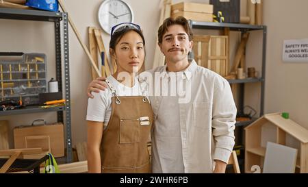 Due falegnami, una donna e un uomo, sono fiduciosi in un laboratorio di lavorazione del legno ben organizzato e pieno di attrezzi. Foto Stock