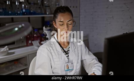 Nel cuore della scienza di notte, una giovane, bella scienziata ispanica si siede seriamente concentrata, lavorando al suo computer in laboratorio, immersa in Foto Stock