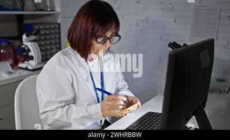 Donna ispanica di mezza età in camice da laboratorio prende appunti in una clinica, epitomizzando l'assistenza sanitaria professionale. Foto Stock