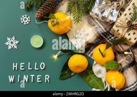 Salve, messaggio invernale. Composizione invernale con rami di abete, presente, sciarpa e mandarini su sfondo verde. Atmosfera invernale accogliente. Foto Stock