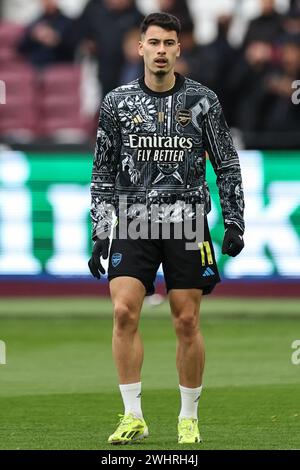 Gabriel Martinelli dell'Arsenal nella sessione di riscaldamento pre-partita durante la partita di Premier League West Ham United vs Arsenal al London Stadium, Londra, Regno Unito, 11 febbraio 2024 (foto di Mark Cosgrove/News Images) Foto Stock