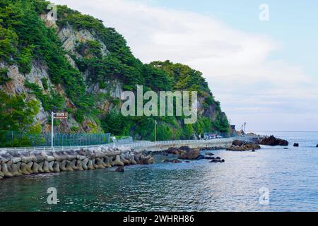 Gangneung City, Corea del Sud - 29 luglio 2019: Heonhwa Road si snoda lungo le colline rocciose con le calme acque del Mar Orientale sottostanti, che mostrano la serena bellezza Foto Stock