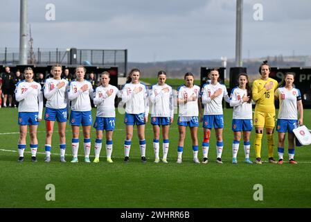 Team line up della Cechia con Lenka Cerna (20) della Cechia, Denisa Rancova (18) della Cechia, Klara Danickova (3) della Cechia, Eliska Truksova (11) della Cechia, Karolina Krupnikova (15) della Cechia, Zuzana Vavrlova (4) della Cechia, Monika Vojtechova (13) della Cechia, Czechia, Elltochia (7) Kristyna Bartosova (8) della Cechia, portiere Gabriela Jana Sobotkova (16) della Cechia e Lucie Kroupova (10) della Cechia in vista di una partita amichevole di calcio tra le nazionali Under 17 della Cechia e del Galles domenica 11 febbraio 2024 a Tubize, Belgio. FOTO SPORTPIX | David Catry Foto Stock