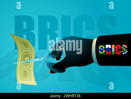 Illustrazione vettoriale di una mano con le forbici e il simbolo delle bandiere BRICS che taglia una banconota da un dollaro, un rischio per l'economia americana da quando i brics si rifiutano Illustrazione Vettoriale
