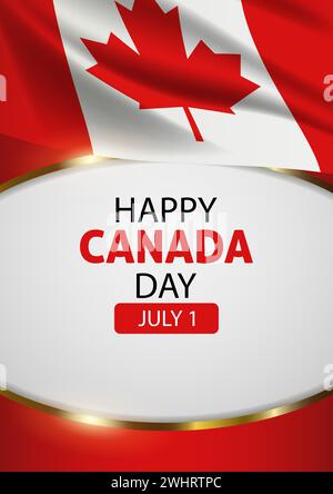 Bandiera canadese decorata con cornice dorata con testo Happy Canada Day, illustrazione vettoriale Illustrazione Vettoriale