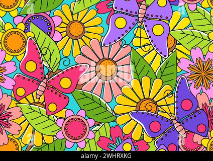 Arte murale doodle di farfalle e fiori, illustrazione vettoriale motivo senza cuciture Illustrazione Vettoriale