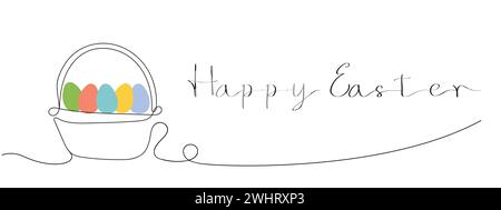 Cestino di vimini con uova di Pasqua colorate e felice saluto pasquale. Disegno continuo su una linea. Isolato su sfondo bianco. Stile minimalista. Greeti Illustrazione Vettoriale