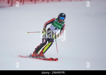 Soldeu, Andorra. 11 febbraio 2024. Ali Nullmeyer dal Canada in azione durante la Coppa del mondo di sci AUDI FIS 2023/2024, 9° Slalom Gigante femminile ad Avet. (Foto di Vicente Vidal Fernandez/SOPA Images/Sipa USA) credito: SIPA USA/Alamy Live News Foto Stock