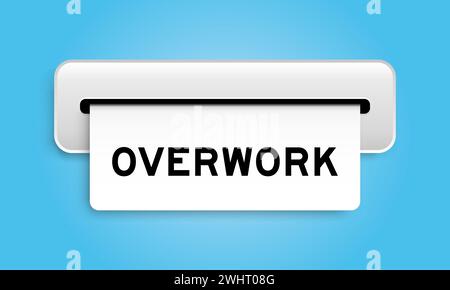 Banner coupon bianco con parola "overwork" della macchina su sfondo blu Illustrazione Vettoriale