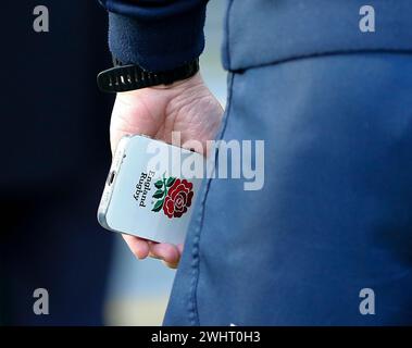 11 febbraio 2024; Aviva Stadium, Dublino, Irlanda: Six Nations International Rugby, Irlanda contro Italia; Lineman&#x2019;s mobile covder Foto Stock