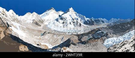 Monte Everest Lhotse e Nuptse dal lato del Nepal come visto dal campo base di Pumori, illustrazione vettoriale, Monte Everest 8.848 m, valle di Khumbu, Sagarmatha nati Illustrazione Vettoriale