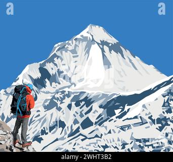 La vetta del monte Dhaulagiri, vista vicino al passo Thorung la e all'escursionista, il sentiero di trekking sul circuito del monte Annapurna, illustrazione vettoriale, le montagne dell'Himalaya del Nepal Illustrazione Vettoriale