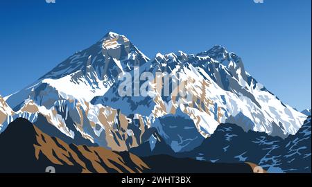 Monta Everest, Lhotse e Nuptse dal picco Gokyo, illustrazione vettoriale, valle Khumbu, area Everest, montagne Nepal himalaya Illustrazione Vettoriale