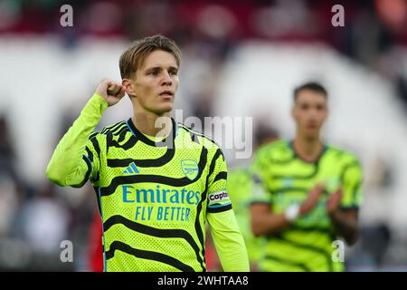 LONDRA, Regno Unito - 11 gennaio 2024: Martin Odegaard dell'Arsenal festeggia dopo la partita di Premier League tra il West Ham United e l'Arsenal FC al London Stadium (credito: Craig Mercer/ Alamy Live News) Foto Stock