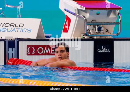 Doha, Qatar. 11 febbraio 2024. DOHA, QATAR - 11 FEBBRAIO: Nyls Korstanje dei Paesi Bassi gareggia nella semifinale Men 50m Butterfly il giorno 10: Nuoto dei Campionati mondiali di acqua di Doha 2024 l'11 febbraio 2024 a Doha, Qatar. (Foto di MTB-Photo/BSR Agency) credito: BSR Agency/Alamy Live News Foto Stock