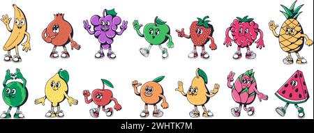 Personaggi della frutta dei cartoni animati. Mascotte alimentari per frutta fresca in un set di illustrazioni vettoriali isolate in stile tubo in gomma anni '1930 Illustrazione Vettoriale