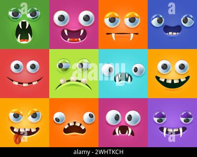 Simpatici mostri 3d. Espressioni facciali spaventose, bocche mostruose e denti con il set di illustrazioni vettoriali degli occhi dei cartoni animati Illustrazione Vettoriale