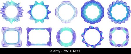 Telaio a guilloche. Bordi geometrici ornamentali, cornici circolari e quadrate per certificati, inviti e set di vettori per biglietti d'auguri Illustrazione Vettoriale