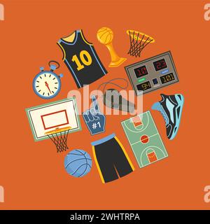 Le icone del basket si illuminano. Attrezzatura da gioco, canestro e palla da basket, tabellone segnapunti, fischio e set di illustrazioni vettoriali cronometro Illustrazione Vettoriale