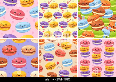 Macaron Kawaii. Simpatici macaron di animali, dessert francesi e set di illustrazioni vettoriali senza cuciture Illustrazione Vettoriale