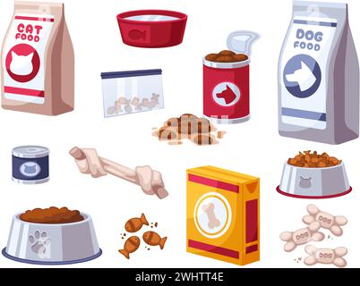 Cibo per gatti e cani. Negozio di animali domestici, prodotti per la cura degli animali e snack, ciotole e confezioni di alimenti secchi, set di illustrazioni vettoriali dei cartoni animati Illustrazione Vettoriale