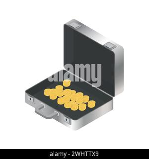 Cassa con monete d'oro isolata su sfondo bianco. Stile isometrico 3D, illustrazione vettoriale. Illustrazione Vettoriale