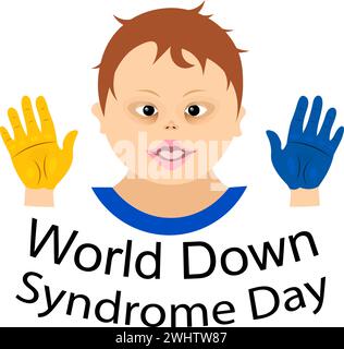 Giornata mondiale della sindrome di Down. Ragazzo e due palme. Concetto di consapevolezza della sindrome di Down. Illustrazione vettoriale Illustrazione Vettoriale