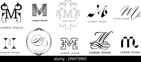 Emblema creativo M. Monogramma Letter m per un marchio minimalista e moderno. Set di icone vettoriali del modello tipografico Illustrazione Vettoriale