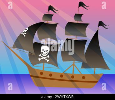 Avventura dei pirati. Una nave pirata naviga sul mare sotto i raggi del sole. Pirates Party Kids Adventure. Illustrazione vettoriale Illustrazione Vettoriale