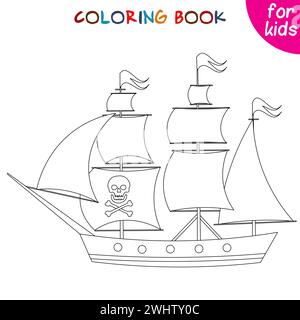 Avventura dei pirati. Fregata pirata. Modello di pagina del libro da colorare per i bambini. Illustrazione vettoriale Illustrazione Vettoriale