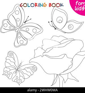 Raccolta di farfalle. Le farfalle volano intorno alla rosa. Modello di pagina del libro da colorare per i bambini. Illustrazione vettoriale modificabile. Illustrazione Vettoriale
