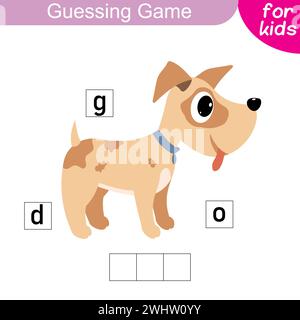 Indovina la parola. Cane. Rompicapo logico per i bambini per imparare le parole in inglese. Sviluppo di capacità di scrittura e lettura. Gioco educativo per la scuola materna e. Illustrazione Vettoriale