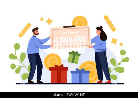Successo alla lotteria, vincendo un premio in denaro con il jackpot. Piccoli milionari che tengono un assegno per un pagamento di milioni di dollari, fortunati uomini e donne felici vincono grandi sovvenzioni o regali illustrazioni vettoriali di cartoni animati Illustrazione Vettoriale