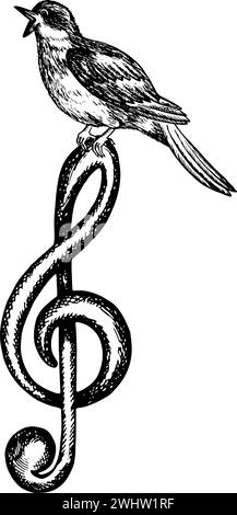 Acuti musicali con un usignolo canoro, grafica vettoriale in bianco e nero. Per logo, badge, adesivi e stampe. Per le cartoline, bu Illustrazione Vettoriale