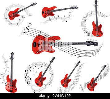 Strumenti musicali. Set di chitarre elettriche con spartiti.illustrazione vettoriale in stile cartoni animati piatto Illustrazione Vettoriale