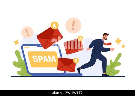 Sovraccarico di spam e-mail, molti messaggi di posta indesiderata e lettere di marketing riducono l'efficienza e la produttività dell'uomo d'affari. Piccolo uomo con cravatta che scappa via dallo stress dall'illustrazione vettoriale di buste volanti Illustrazione Vettoriale