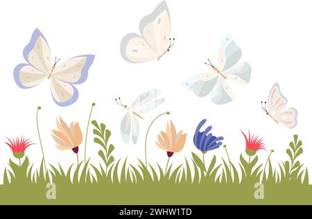 Le farfalle volano nel prato sopra l'erba e i fiori. Illustrazione vettoriale. Illustrazione Vettoriale