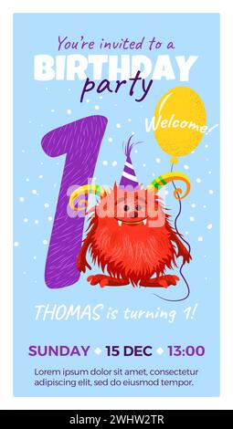 Invito alla prima festa di compleanno con mostro. Illustrazione Vettoriale