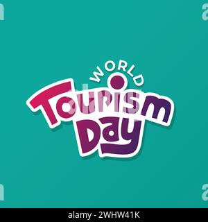 Tipografia vettoriale della giornata mondiale del turismo su sfondo giallo. Concetto di viaggio. Banner del giorno del turismo, poster, post sui social media. Illustrazione Vettoriale